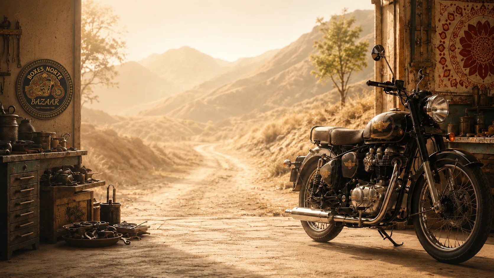 Royal Enfield en un taller abierto a la carretera